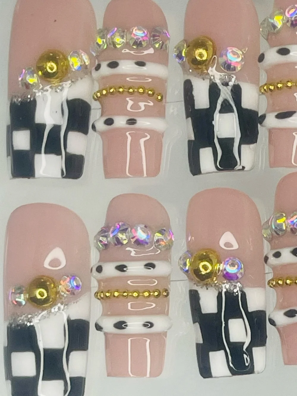 Pink & Black Checkered Rhinestone Handmade Press-On Nail Set